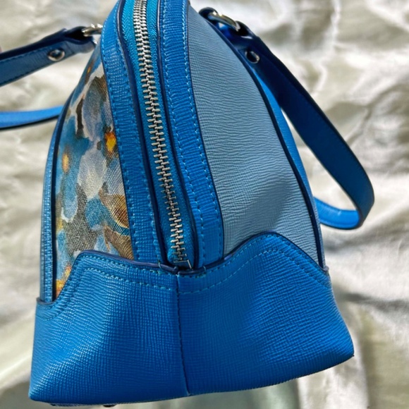 SATCHEL, LEATHER, BLUE WITH MULTICOLOUR FLORAL, TOP DOUBLE ZIP CLOSURE, TWO - Picture 6 of 16